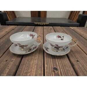 Set of 2 Ucagco Moss Rose Footed Cup & Saucer Sets Japan Pink Floral Gold Trim